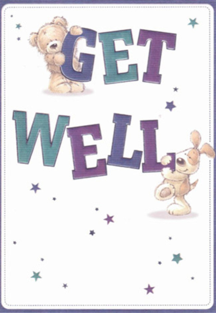 In this charming get well card illustration, two endearing characters transform a simple message into a comforting scene that feels right at home in the quiet streets of Bickley. The phrase GET WELL stretches across the image in friendly, oversized lettering, shaded in jewel-like purples, teal greens, and deep blue-violets. Each letter has a softly rounded outline and subtle highlights that make the words feel solid and dependable, like a reassuring hand on your shoulder. Hugging the top of the word GET is a cuddly teddy bear, rendered in warm caramel and golden-brown tones, with faint lines indicating the texture of its plush fur. The bear's round muzzle, small nose, and gentle smile give it the look of a well-loved toy that has seen many bedside vigils. At the lower part of the design, a floppy-eared puppy curls around the word WELL, its creamy coat and soft shading creating a sense of warmth and movement, as if it might wriggle closer for a comforting cuddle. Around them, scattered stars and tiny bursts in shades of aqua, lavender, and midnight blue float across a pure white background, like hopeful wishes drifting through the air above the gardens near Bickley station. The overall composition is open and airy, with plenty of white space that enhances the feeling of cleanliness and calm-ideal for someone focusing on rest and recovery. The gentle palette and playful imagery would sit beautifully beside a vase of pastel blooms from a local florist, offering a double measure of brightness: one through colour and scent, the other through affectionate illustration. It's the sort of card that can bring quiet reassurance to a hospital room in Bromley or a cosy living room along Southborough Road.