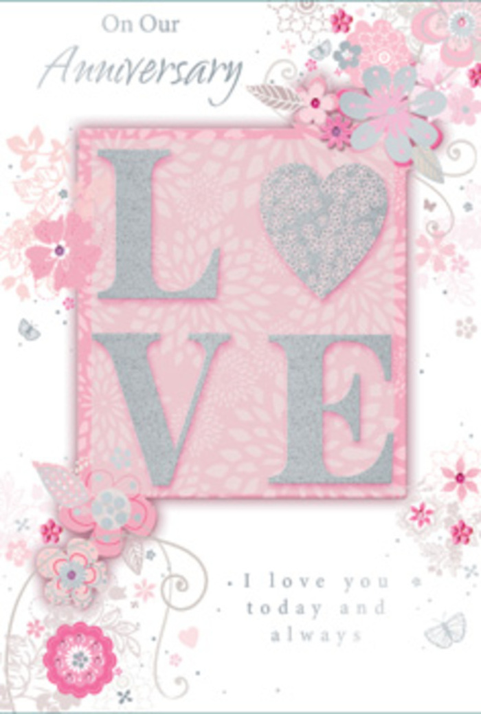 The anniversary card pictured here feels like a paper echo of a romantic floral arrangement from a Bickley florist, crafted for couples who favour quiet elegance. At the heart of the design is the word LOVE, printed in tall, confident letters that rise from the surface of the card with a smooth, raised texture. Fine glitter hugs the contours of each letter, giving a frosted shimmer that sparkles subtly when the card is tilted, reminiscent of the gentle sheen on fresh petals under soft morning light. The background hue is a refined blush pink, not too bright, with a satin-like finish that adds to the overall sense of calm and romance. Surrounding this central word, wisps of illustrated flowers and leaves curl and drift across the card, positioned as though a florist had sketched an arrangement to sit perfectly around a focal bloom. The blossoms are rendered in pastel tones of pink, ivory, and pale grey, with occasional silver highlights that resemble delicate foil accents. Their fine outlines and carefully shaded interiors create a sense of depth, as some flowers seem to hover slightly in the foreground while others recede, like layers in a bouquet. Between these blooms, slender stems, tiny leaves, and soft scrolls meander, filling the negative space without overwhelming it. The sentiment, written in an understated cursive script, complements the artwork, expressing love, appreciation, and continuity in gently flowing lines. The card's atmosphere feels intimate and soothing, like sharing a quiet anniversary breakfast by a Bickley bay window, surrounded by flowers and familiar streets, honouring a relationship that has grown with patience and affectionate care.