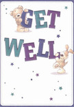 A whimsical illustrated get well card shows two comforting animal friends working together to deliver a cheerful message, the kind of design we often see chosen by families here in Bickley when they want something light-hearted but sincere. At the top of the composition, a soft, honey-brown teddy bear clings to the oversized word GET, its rounded paws and slightly tilted head giving it a tender, caring expression, as though it's peeking over a hospital bed to check on a loved one. Below, a floppy-eared puppy nestles against the bold word WELL, its creamy fur and darker patches rendered in gentle brushstrokes that make the coat look touchably soft, like a favourite childhood toy. The lettering is large and reassuring, shaded in rich purples, teals, and indigo tones that stand out confidently against a clean white or pale cream background, much like bright blooms against fresh wrapping paper. Scattered star shapes and tiny bursts of colour in blues and violets float around the characters and the phrase, suggesting healing wishes drifting through the air on a quiet evening walk along Bickley's tree-lined streets. The overall artwork feels airy and uncluttered, with plenty of breathing space around the central figures, echoing the calm, soothing atmosphere people often ask us to mirror when they order a gentle get well bouquet. You can almost imagine this card propped beside a vase of pastel flowers on a bedside table, its playful charm and soft colour palette bringing a smile and a sense of optimism to someone recovering at home or in a local Bromley hospital ward nearby.